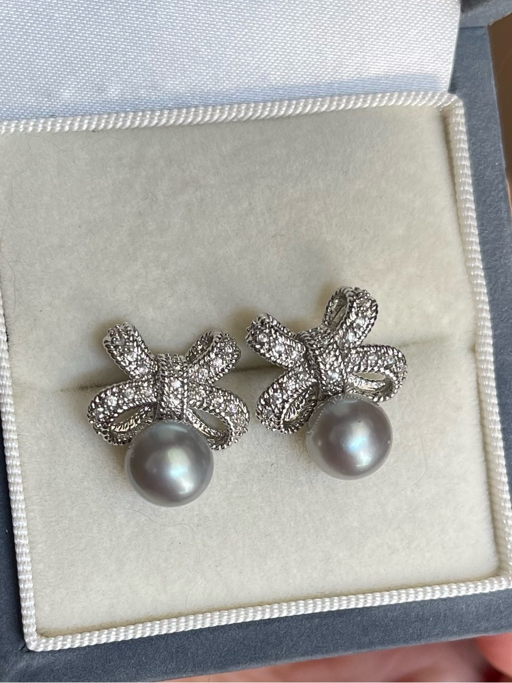 Silver Bow Freshwater Pearl Drop Earrings - Gray Pearls 925 silver posts